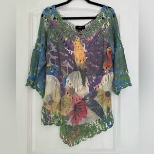 RAIN Crochet Floral Boho Peasant Tunic Top, Small